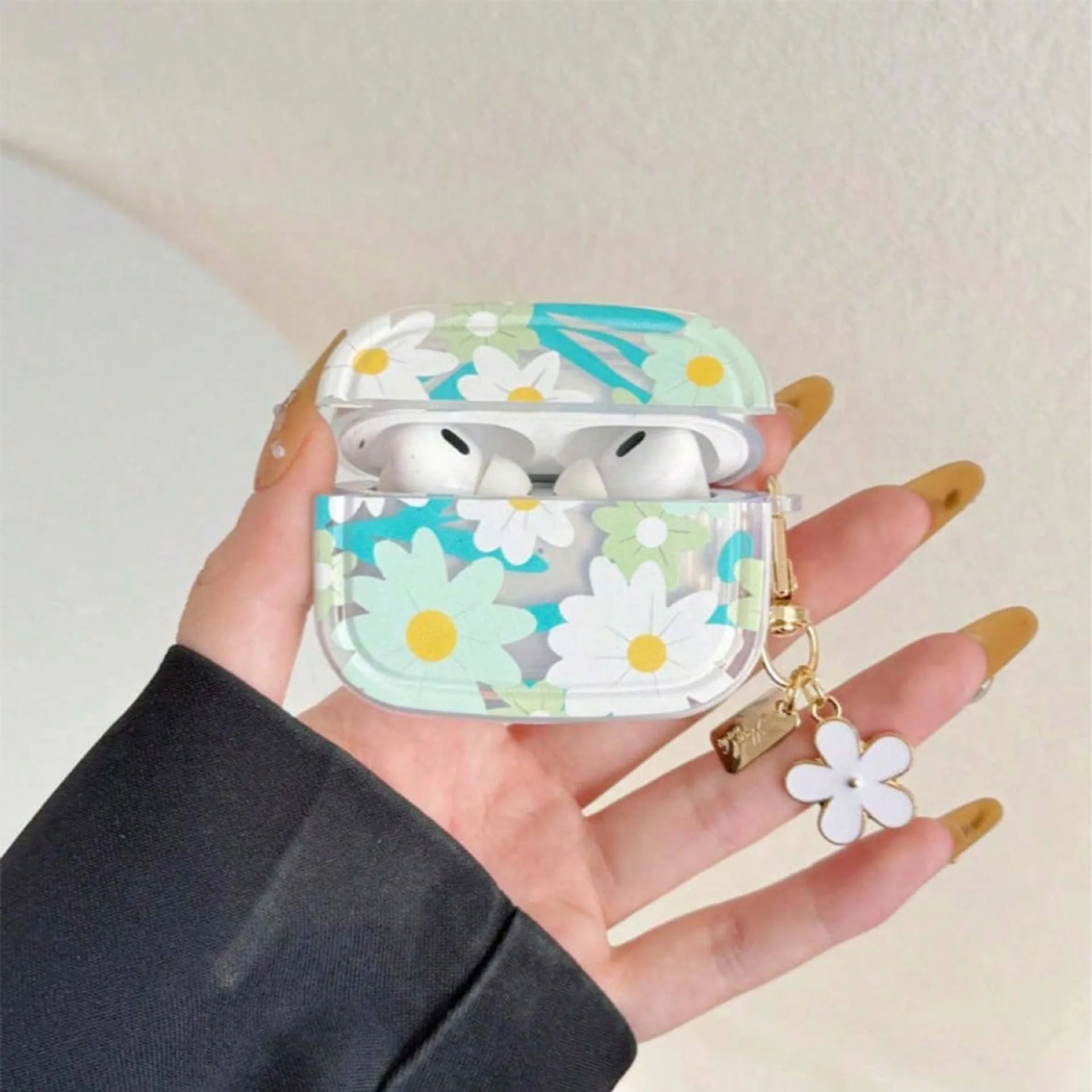 Round Edge Green Flowers Soft Case for Apple Airpods Pro3/pro2 Wireless Bluetooth Earphone Cover with Keychain