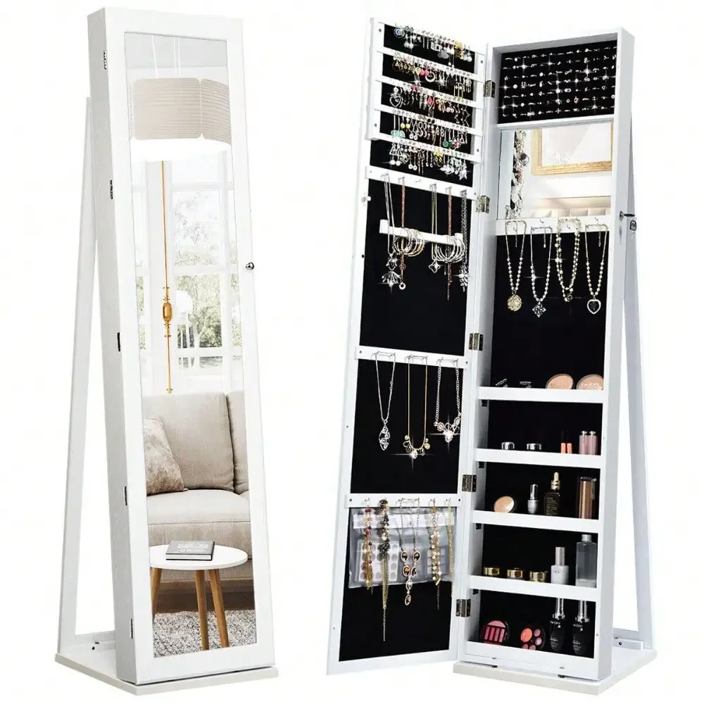 

Mirrored Jewelry Cabinet Armoire Lockable Standing Storage Organizer W/ Shelf