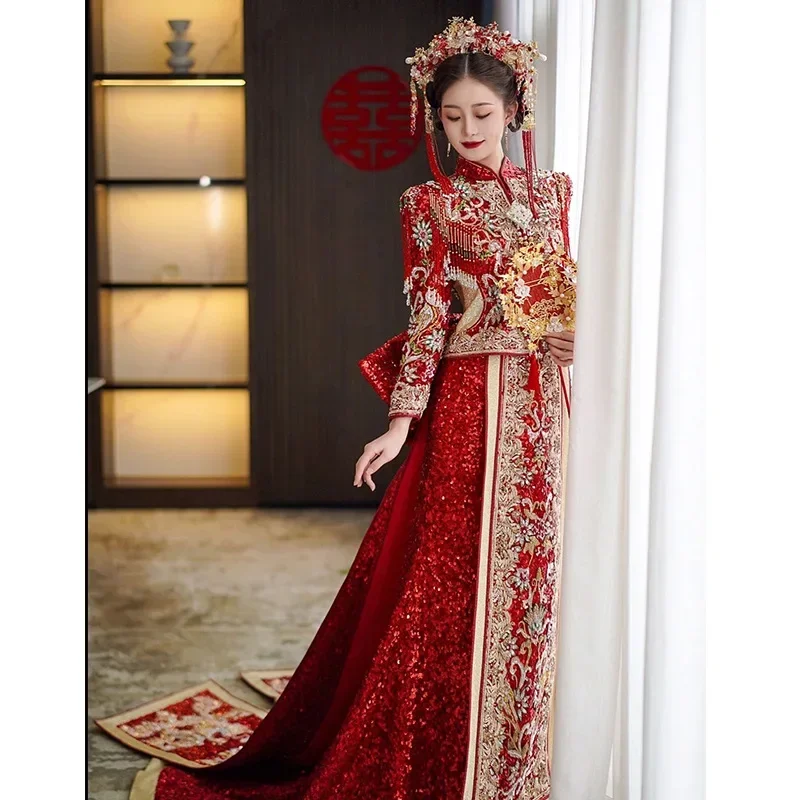 Robe d'été Xiuhe rouge pour femmes, robe de mariée traditionnelle chinoise, robe de mariage noble, frange de perles, robe de toast, Tang imbibé Hanfu