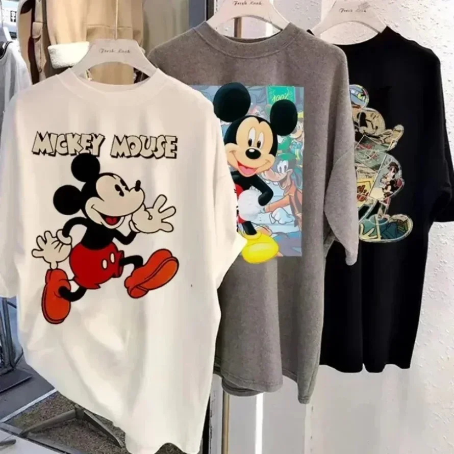 MINISO Kawaii Women T-shirts Fashion New 90s Vintage Cartoon Mickey Minnie Boy Girl Top Y2K Family Children Clothes T-shirt