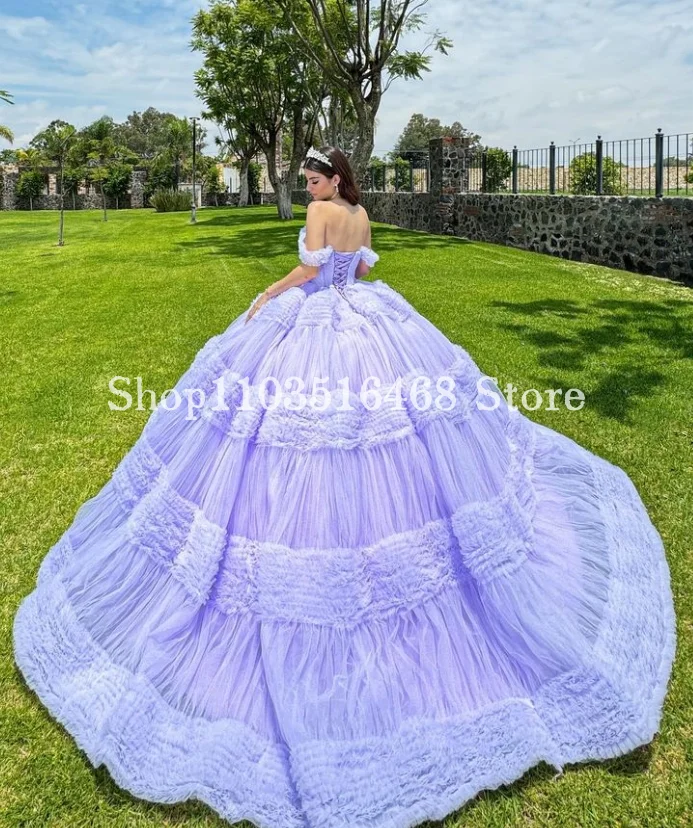 Vestido de princesa fora do ombro, Laço doce Glitter trem, roxo luxuoso, roxo lilás, 15 vestidos Quinceanera, México 15