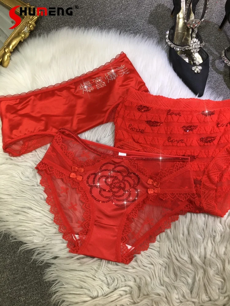 Fashionable Rhinestone Shorts New Red Underwear Women's Silk Satin All-Match Triangle Shorts Four Seasons Women's Shorts