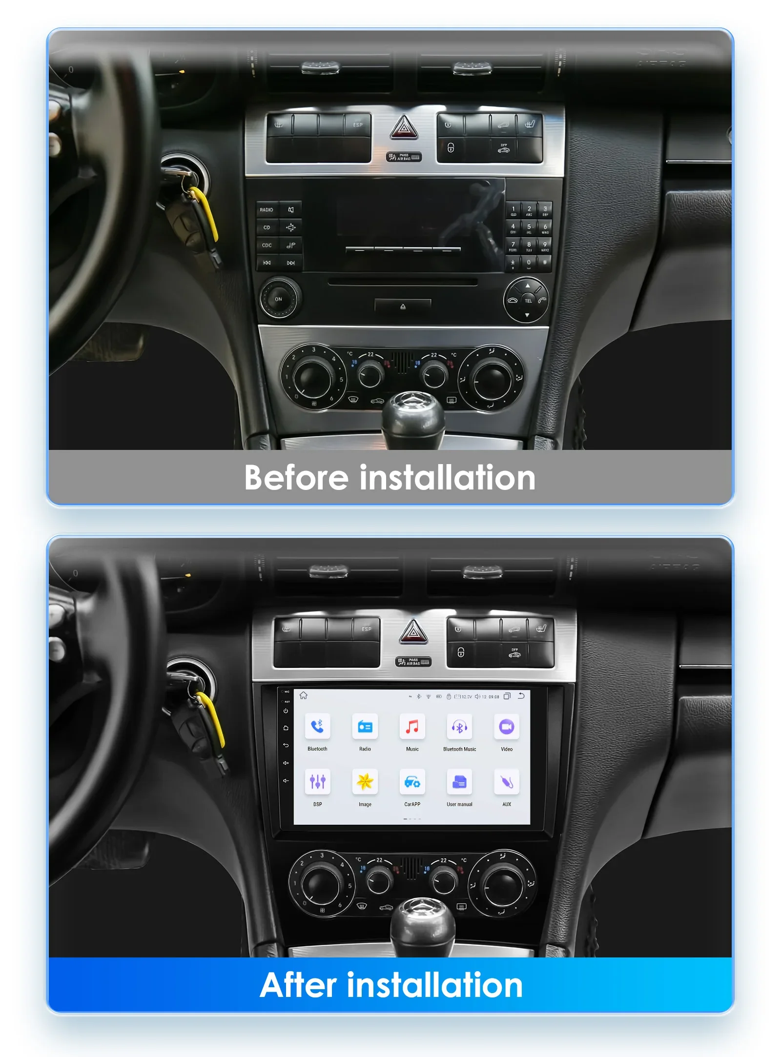 Hizpo 9 Zoll Wireless CarPlay Android Auto Autoradio für Mercedes Benz CLC W203 C-Klasse C180 C200 CLK200 CLK W209 UI7862 360 ° CAM – Detail 4