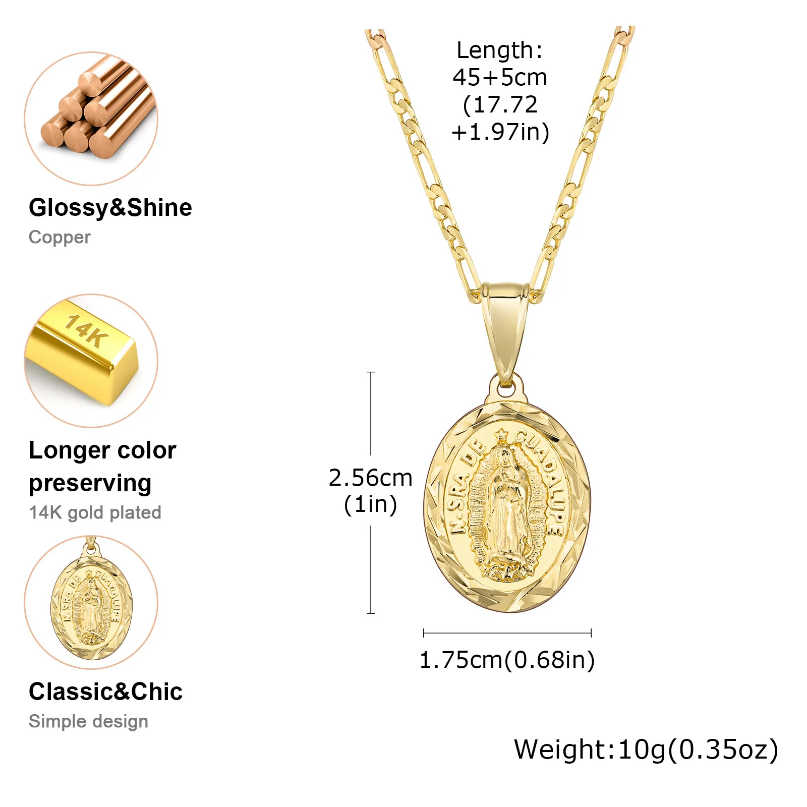 قلادة مريم العذراء للرجال والأولاد، قلادة بيضاوية كاثوليكية مع سلسلة فيجارو، هدية مجوهرات لصلاة الإيمان