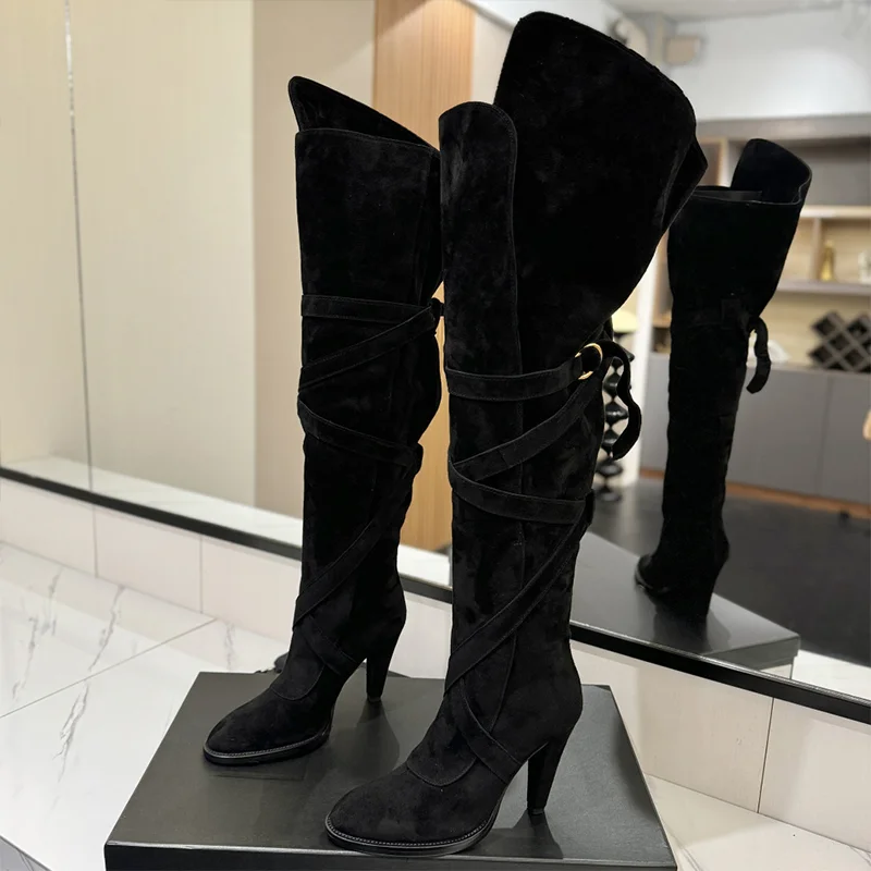 

Top quality sheepskin and cowhide women's high heels knee length boots with elegant and luxurious strap design 25061583