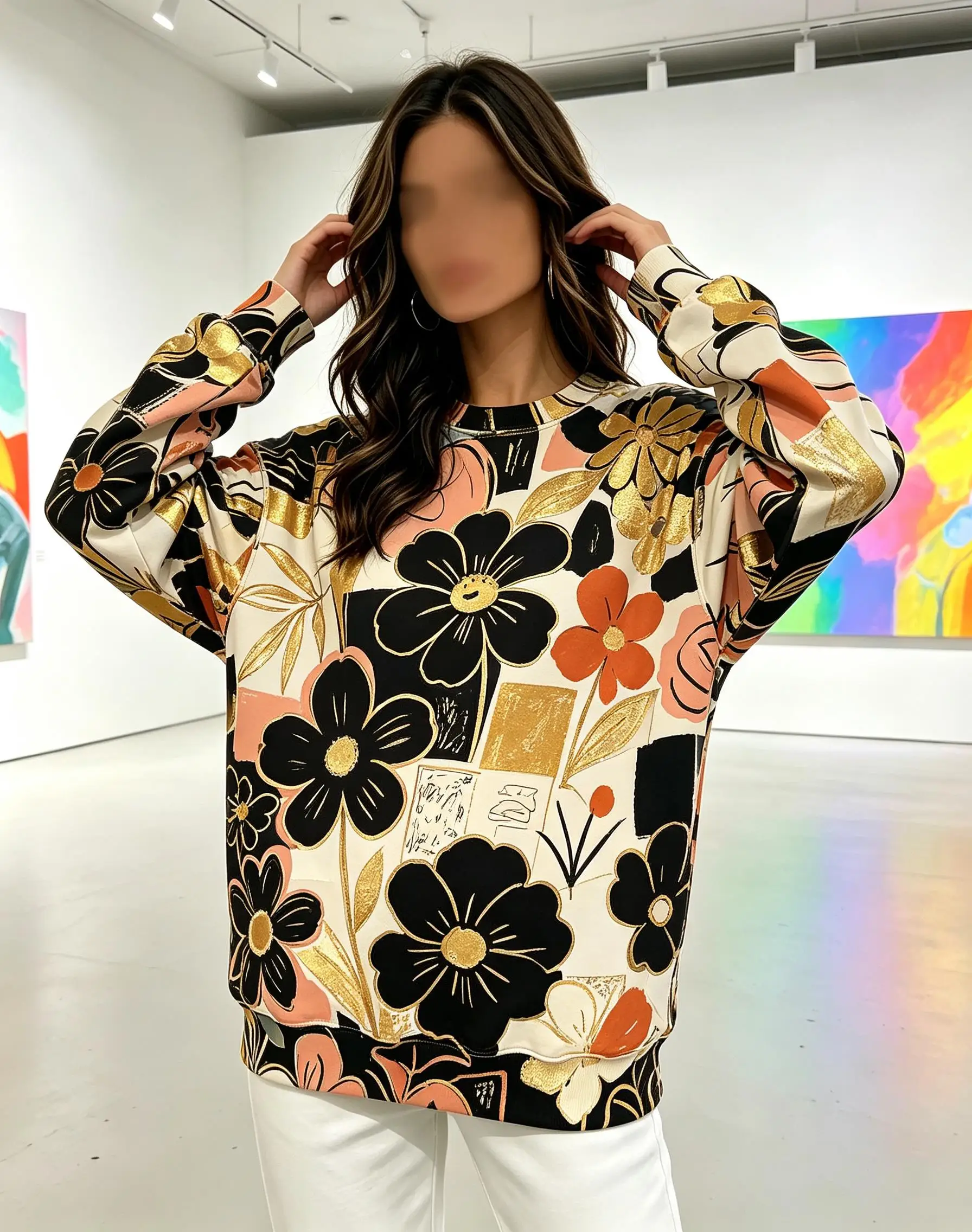 Women Crew Neck Fleece Sweatshirt Abstract Color Block Floral Art Print Long Sleeve Loose No Hood Warm Pullover