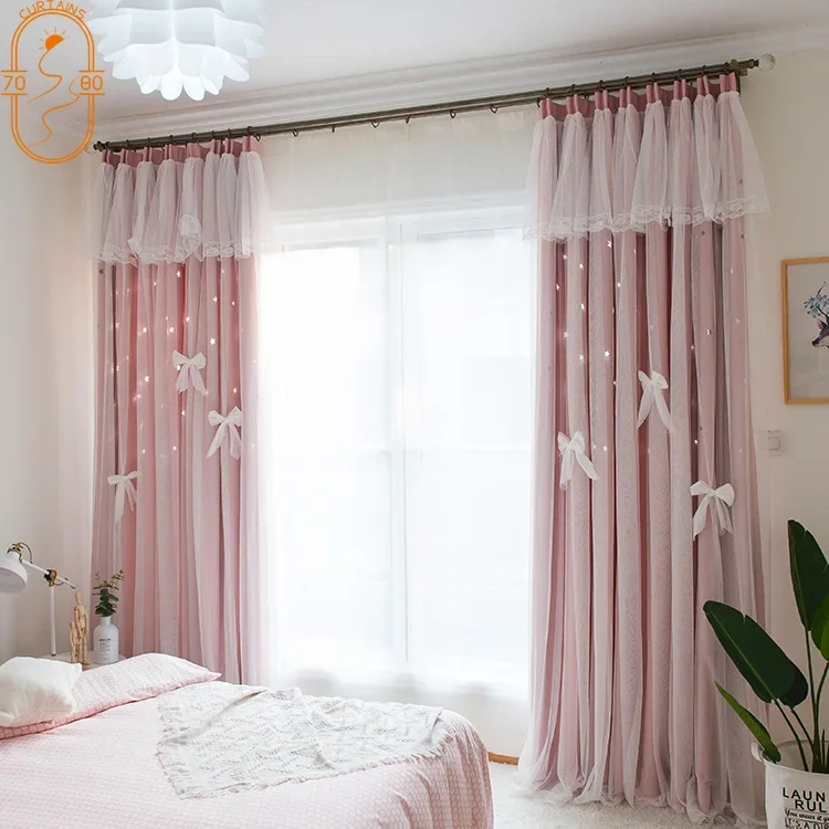 

Pink Girls' Room Lace Decoration Bowknot Double Layer Curtains for Living Room Bedroom Balcony Float Window Customized Curtains