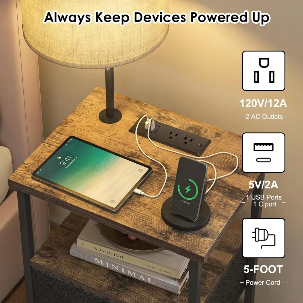 Nachtkastje met LED-verlichting Nachtkastje met 3 kleurtemperaturen Lamp, hoog nachtkastje met laadstation bijzettafeltje