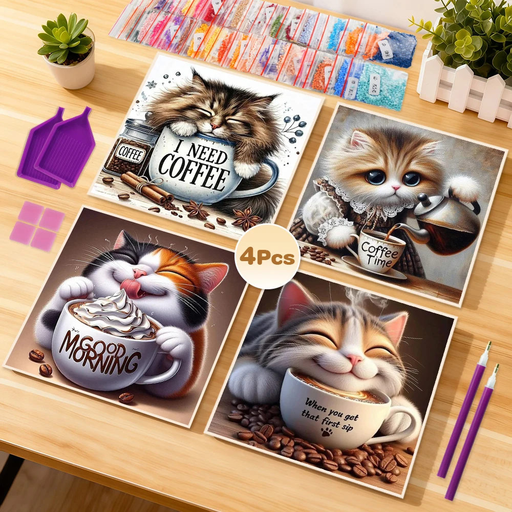 EverShine 4 Stück DIY 5D-Diamantgemälde, Katze, Kaffee, voller runder Bohrer, Mosaik, Kätzchen, Stickerei, Cartoon-Tier, Heimdekoration, Geschenk