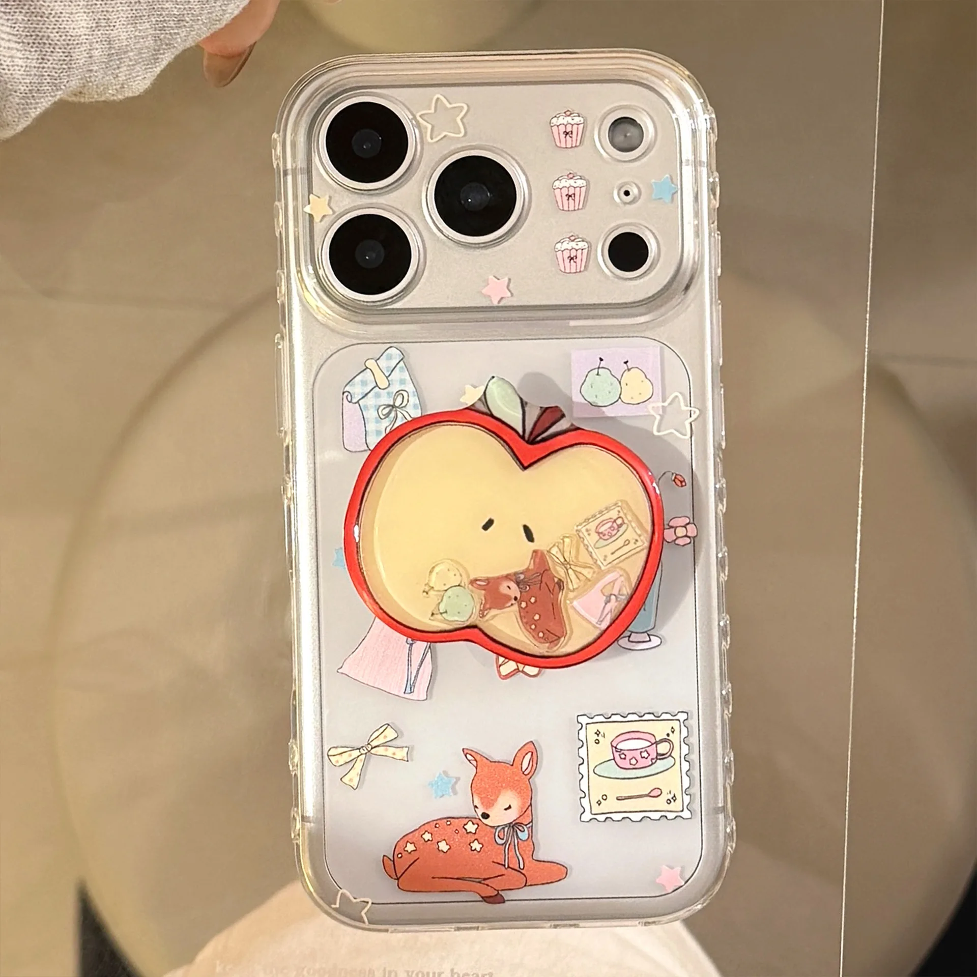 Cartoon Hirsch Graffiti Apple Quicksand Shake Bracket Handyhülle für iPhone 17 16 15 14 13 12 Pro Max Klare, stoßfeste, weiche Abdeckung
