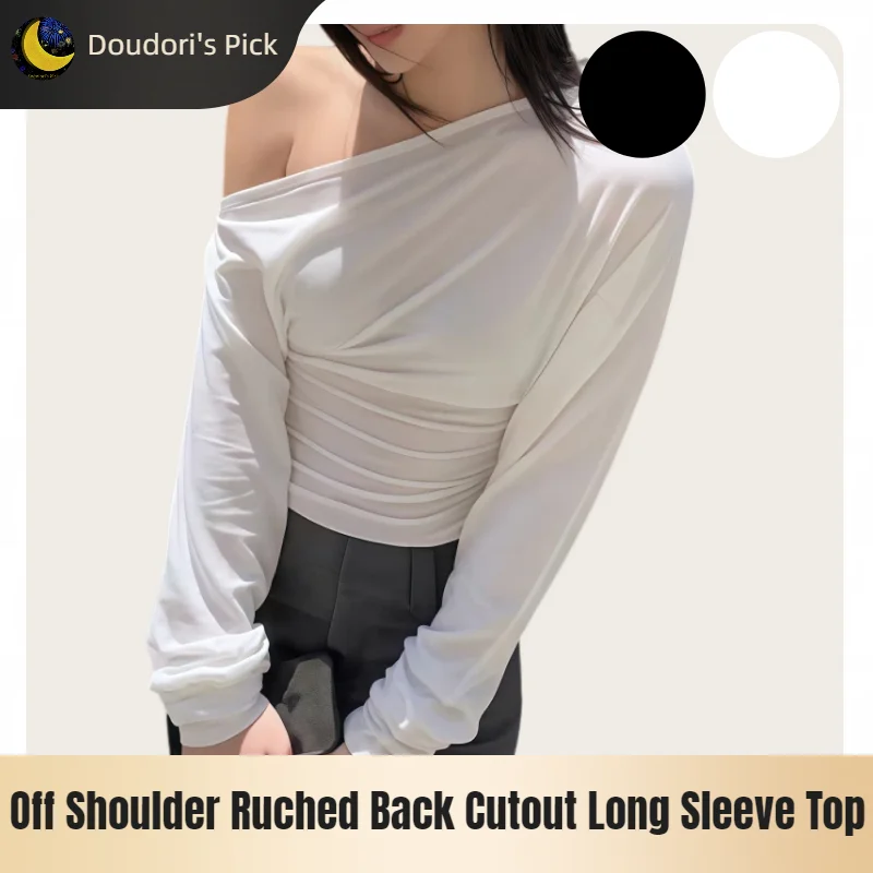 French-Style Atmospheric Women's Solid Color Round-Neck Asymmetrical Shoulder Ruched Waist-Cinching Back-Cutout Sexy Cropped Top