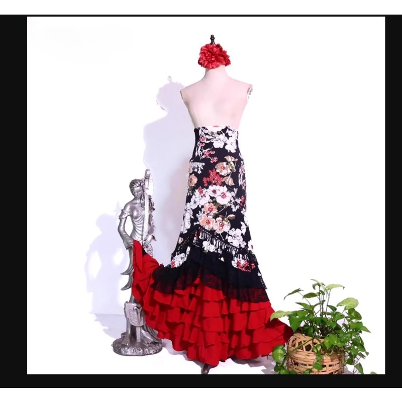 Abito da spettacolo per costumi di danza del ventre con gonna di danza dell'anca con borsa da rimbalzo alta personalizzata di flamenco stampato