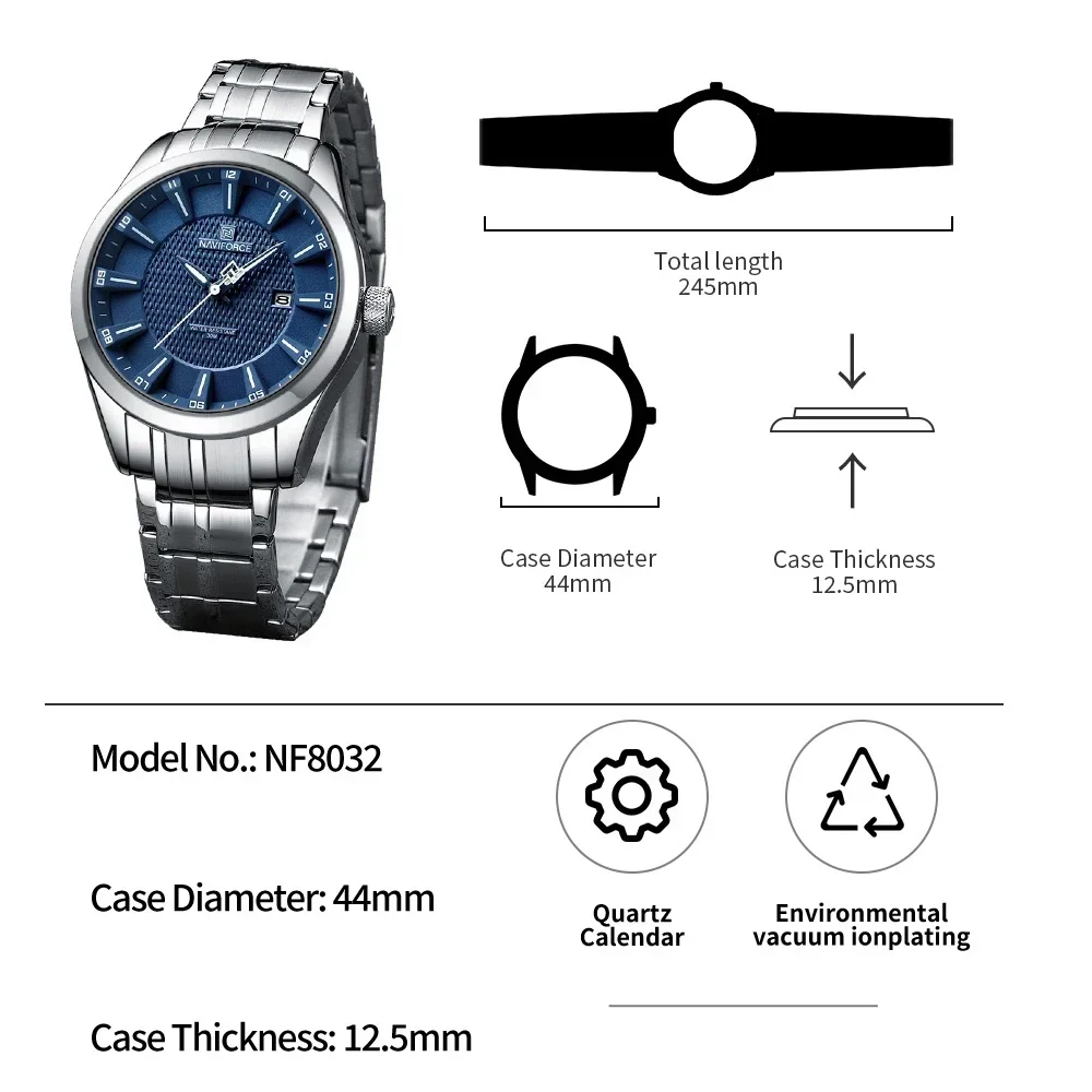 NAVIFORCE Brand Business Luxury Watch Men Clock Waterproof Luminous Quartz Stainless Steel Wristwatch Fashion Mens Watches