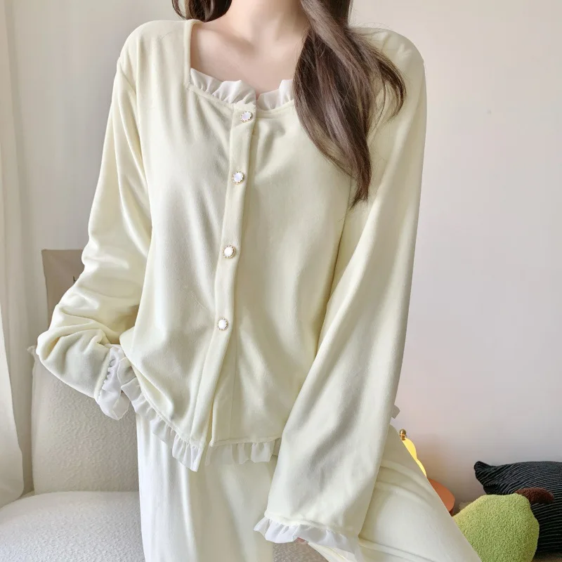 

Женские утепленные пижамы, одежда для дома, милая кружевная удобная домашняя одежда, костюм, осенне-зимний студенческий однотонный пижамный костюм для девочек