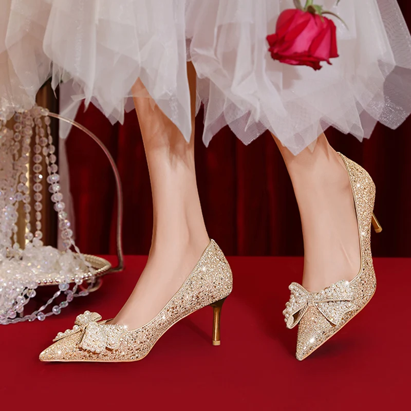 Sweet Bowknot Pumps Women New Gold Silver Bling Sequins Wedding Party Shoes Woman Fashion Pearl Slip-On High Heels Shoes