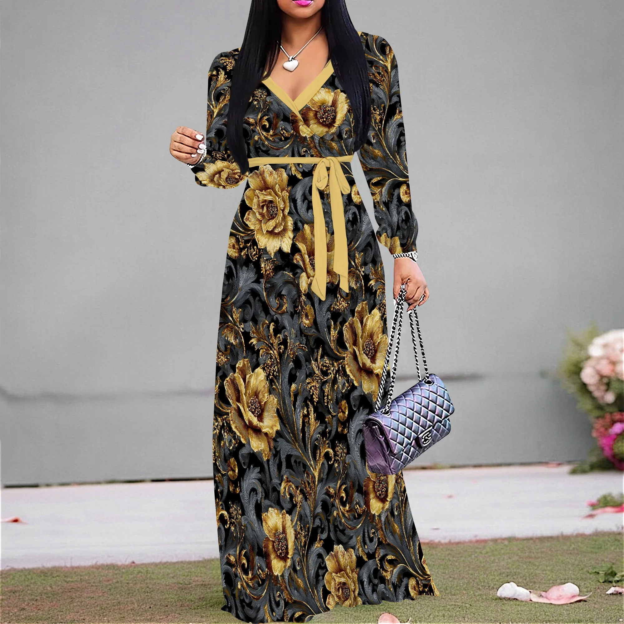 

Nupusa Gold Floral Print Dress for Women Regular Size Summer Casual V Neck Long Sleeve Maxi Dress