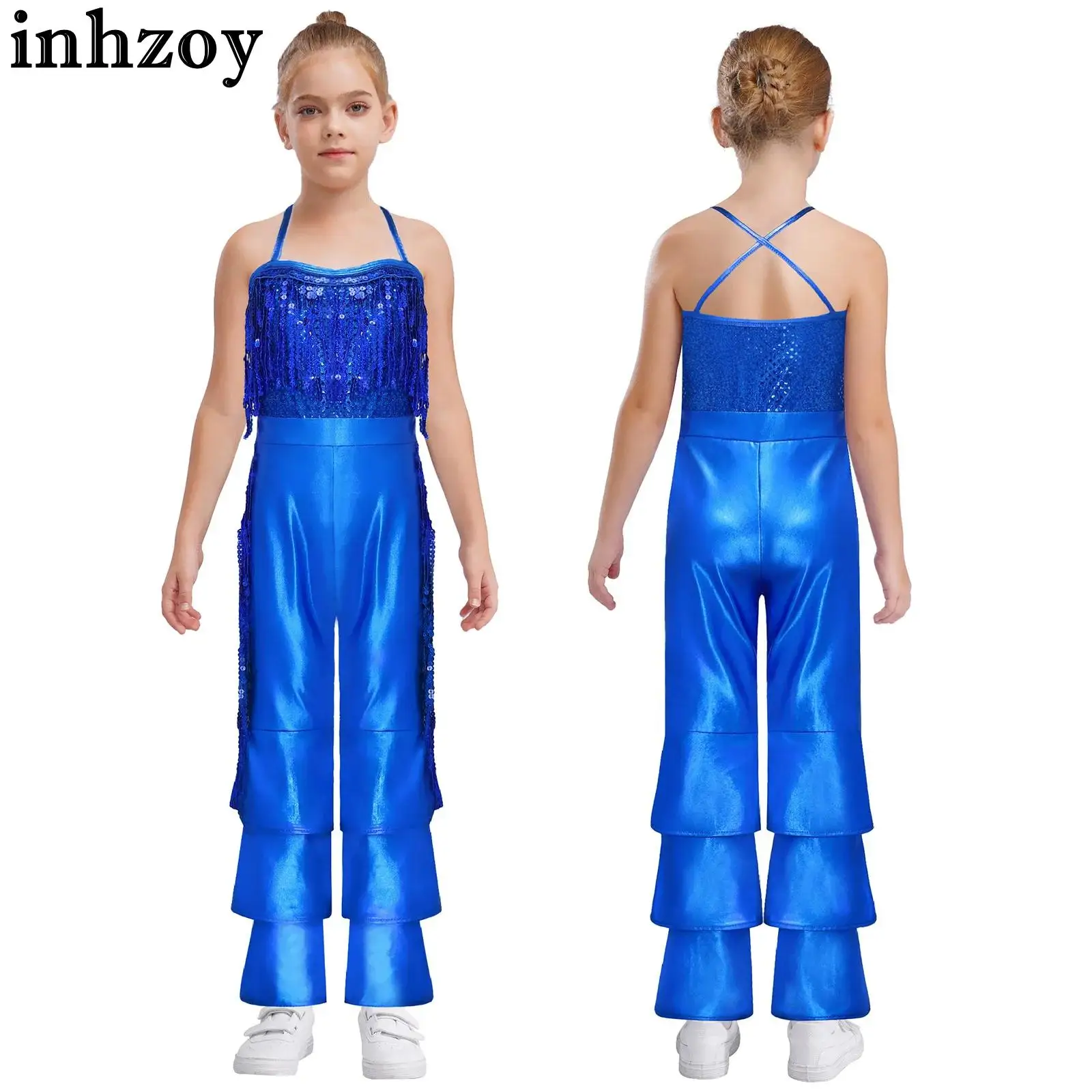 

Костюм для косплея на Хэллоуин, Рождество, кинозвезда, певица, костюм с лямкой на шее, блестящие блестки, кисточки, расклешенный комбинезон для диско-танца