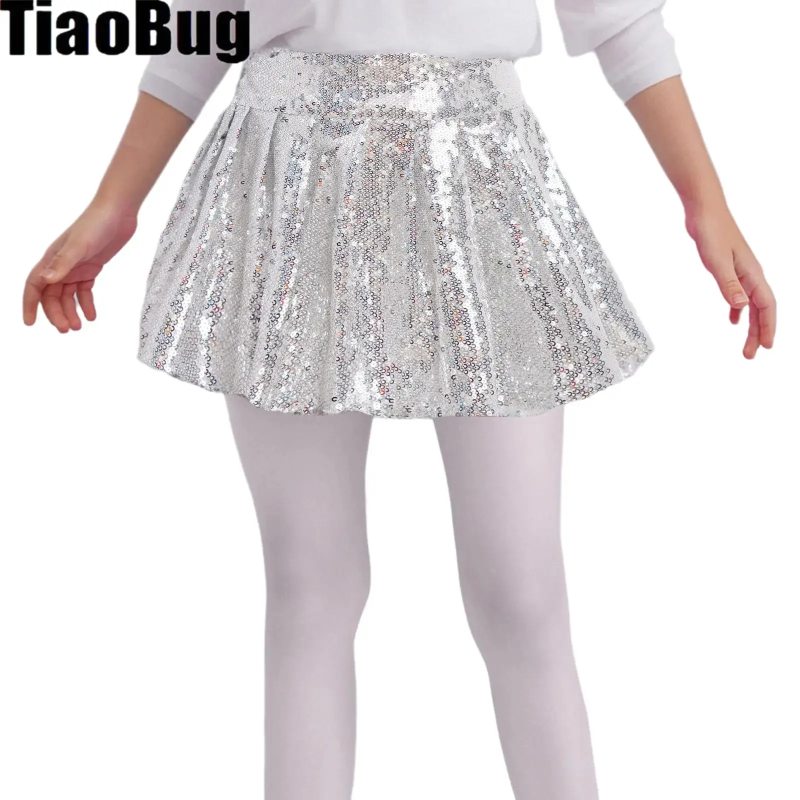 Kids Girls Sparkling Sequins Skirt Elastic Back Waist Skirt with Built-in Shorts for Birthday Party Stage Performance