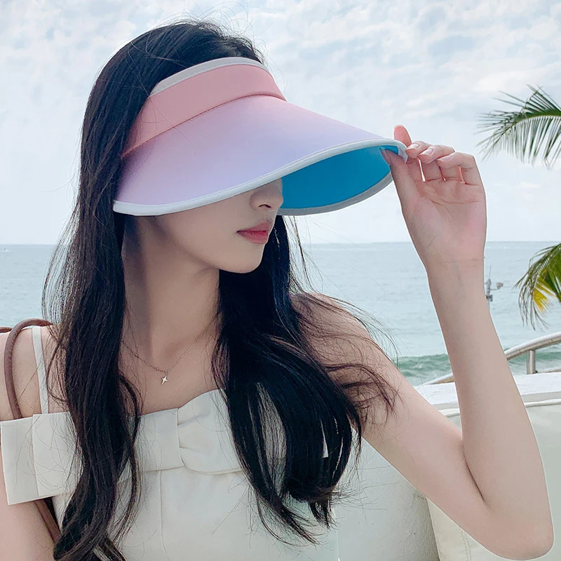 Multifunctional New Summer Empty Top Beach Hat Female Outdoor Casual Visor Cap Gradient Wide Large Brim Beach Sports Shade Hat