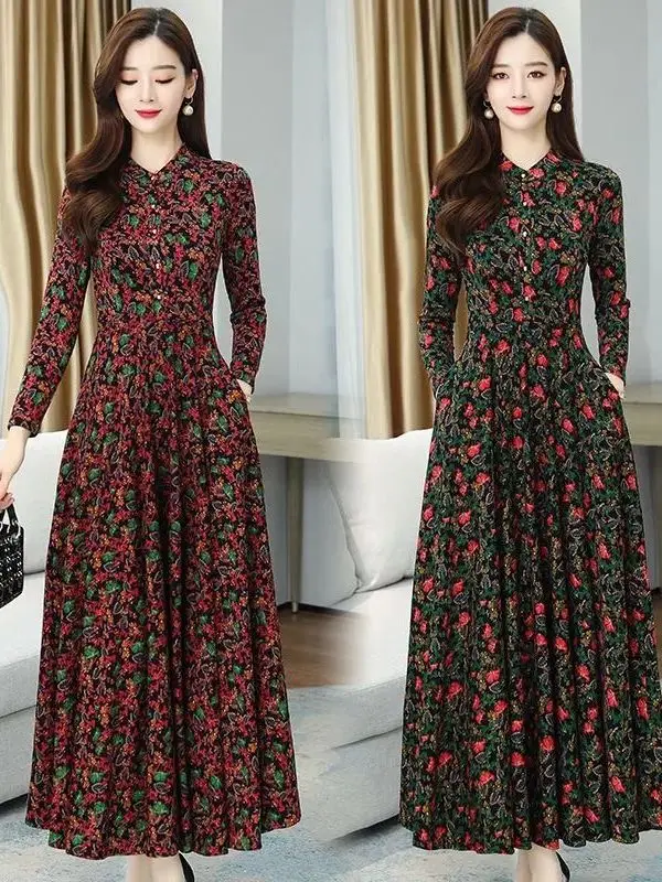 

Ele Floral Knitted Long Sve Slimming Dr for Mom Autumn Spring plus Size High Waist A-Line Skirt Casual Wear