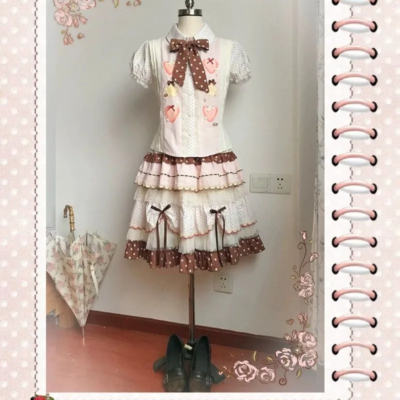 Süßer Kawaii Lolita JK Rosa-Brauner Gepunkteter Mehrstufiger Minirock Niedlicher Japanischer Stil Mehrlagiger Rüschen-A-Linien-Tortenrock für Damen