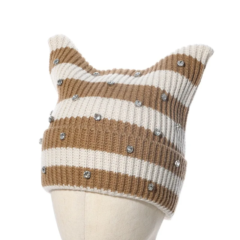 Japanische Großkopf-Strickmütze mit gestreiften Strass-Katzenohren, warme Pullover-Beanie-Mütze für Herbst und Winter, für Männer und Frauen – Detail 6