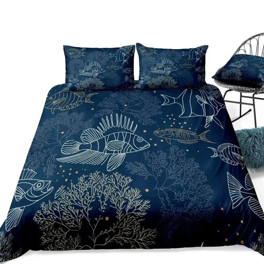 Ocean Element Bedding Sets Underwater World Duvet Cover Pillow Covers Fish Seaweed Quilt Cover Queen Size King Size