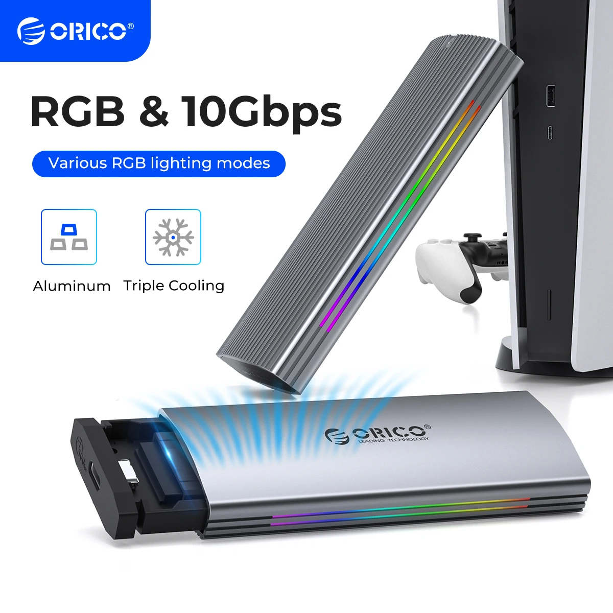 ORICO RGB 10Gbps M2 NVMe SSD Enclosure Aluminum USB3.1 Gen2 Case for M Key M&B Key Solid State Drive for Gamer Video Editing