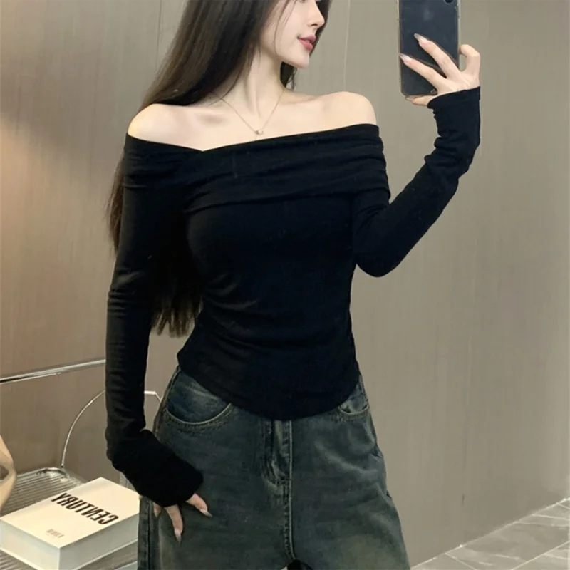 Women Off Shoulder T-shirts Casual Solid Long Sleeve Shirts Cropped Tops Streetwear Clubwear Sexy Skew Collar Warm Pullovers