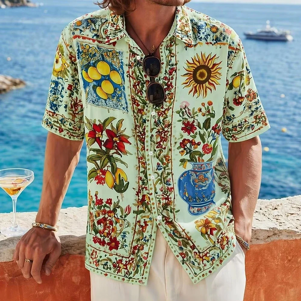 Men's Sicilian Lemon Sunflower Majolica 3D Print Short Sleeve Shirt Tropical Beach Resort Vacation Tops Blue White Spring Summer
