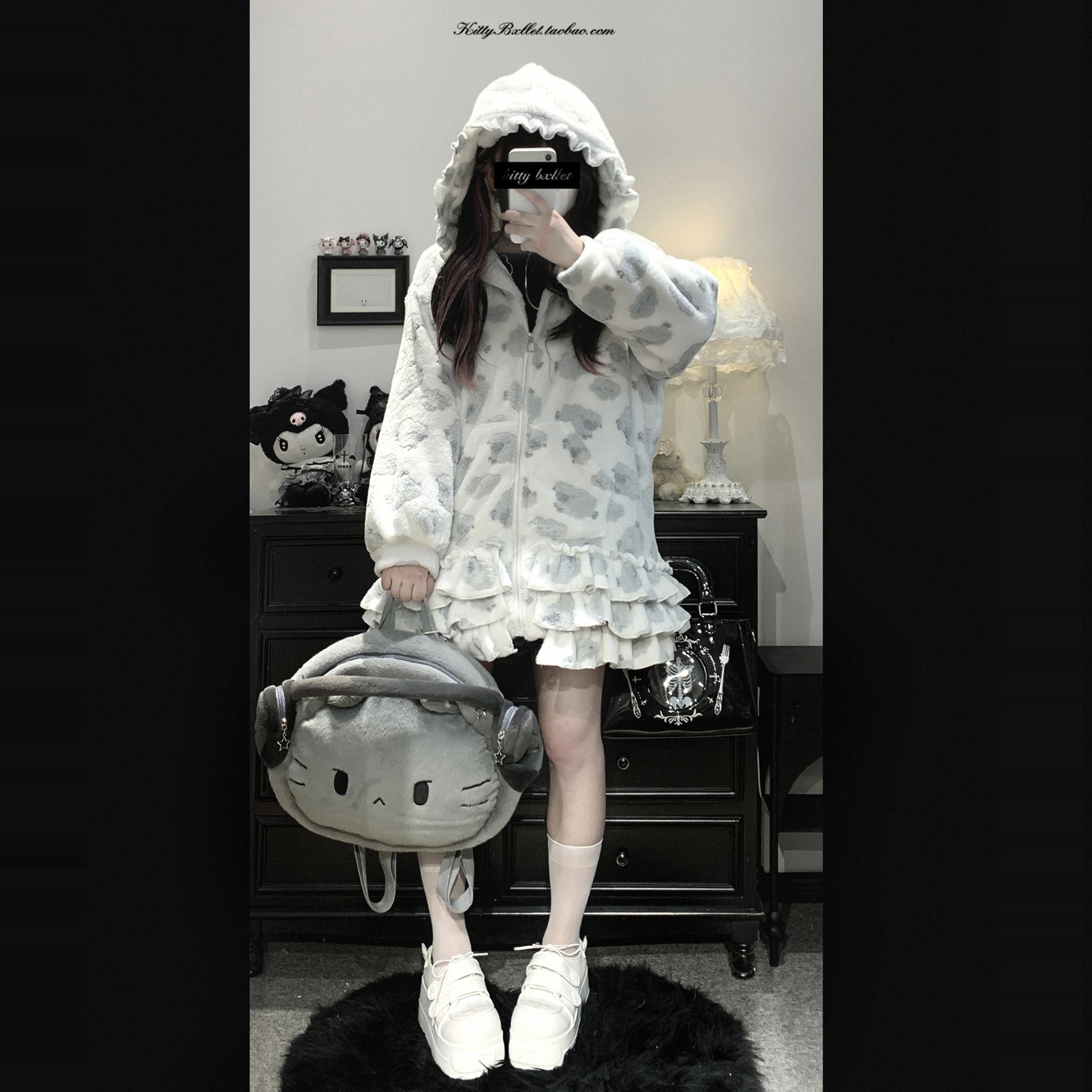 Minette giapponesi stile dolce carino volant splicing cerniera a maniche lunghe con cappuccio allentato casual peluche giacche calde cappotti donna autunno