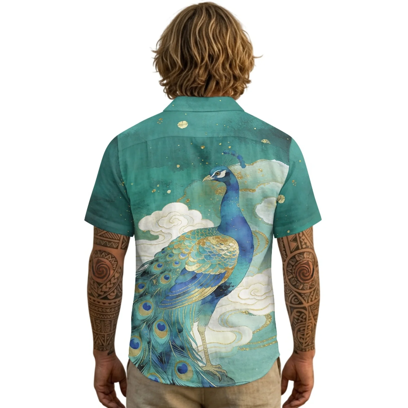 PENSTROLL Azure Peacock Linen Like Cargo Shirt For Men for Travel Button Down Hawaiian Shirt Men's Shirt