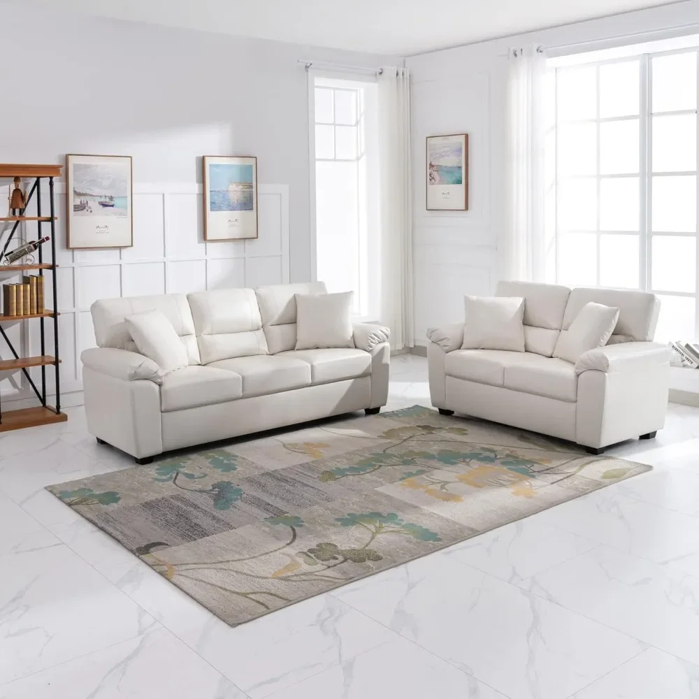 

Morden Fort White Leather Love seat and Sofa Set, Modern Luxury and Comfy Furniture Sleeper Couches for Living Room