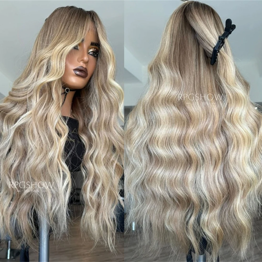 

Пепельно-русый мелирование Длинный волнистый парик фронта шнурка Темные корни Пепельно-русый предварительно скрепленный парик 30 дюймов Термостойкий свободный парик с глубокими волнами