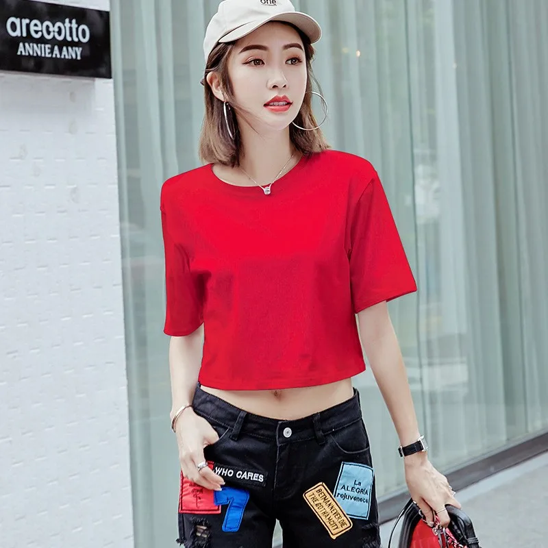 

Faionable Women's Loose round Ne Cotton T-irt Belly Button Exposure Color Base irt Sweet Sle Spring Summer