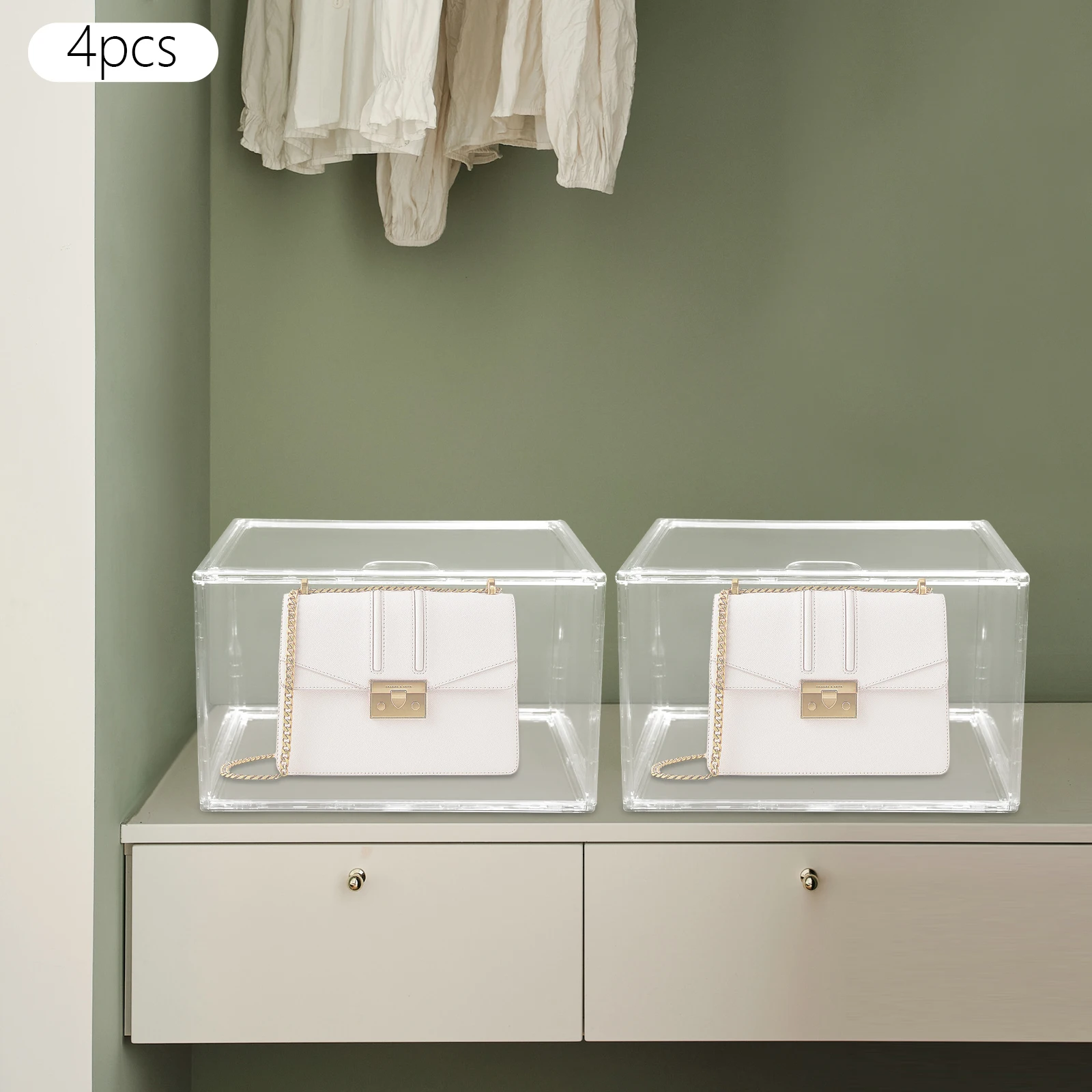 Moderne 4-teilige Transparente Handtaschen-Aufbewahrungsboxen PET Stapelbare Aufbewahrungs- und Präsentationsboxen für Schlafzimmer, Begehbare Kleiderschränke – Detail 6