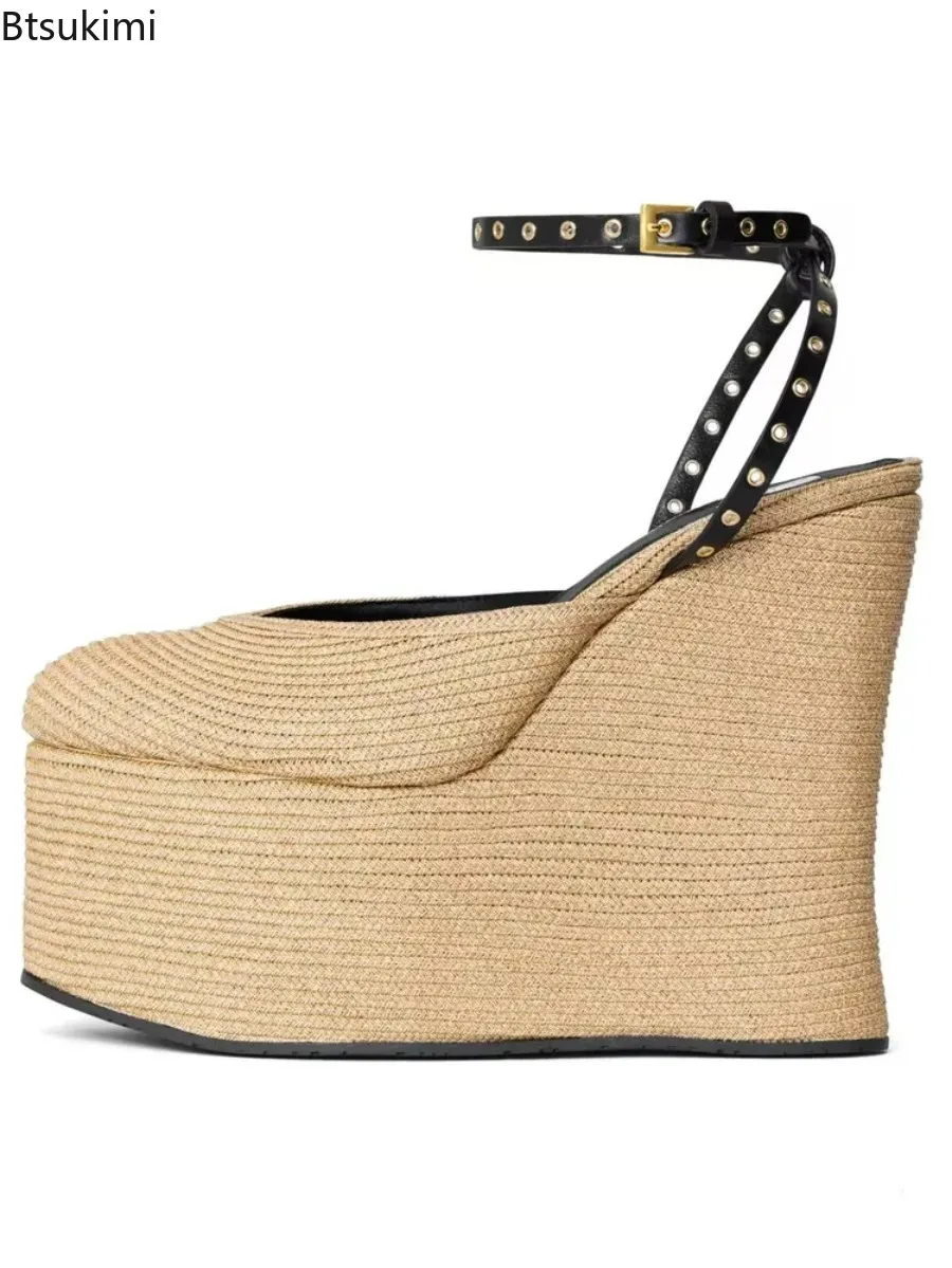 Women's Summer Grass Woven Wedge Heel Thick Soled Sandals Thick High Heels Evening Party Women's Sexy Platforms Sandals Shoes