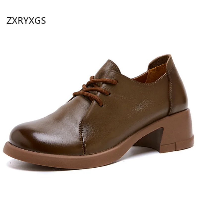 

ZXRYXGS 2025 British Style Lace-up Genuine Leather Shoes Woman New Thick High Heels Anti Slip Elegant Temperament Trendy Shoes