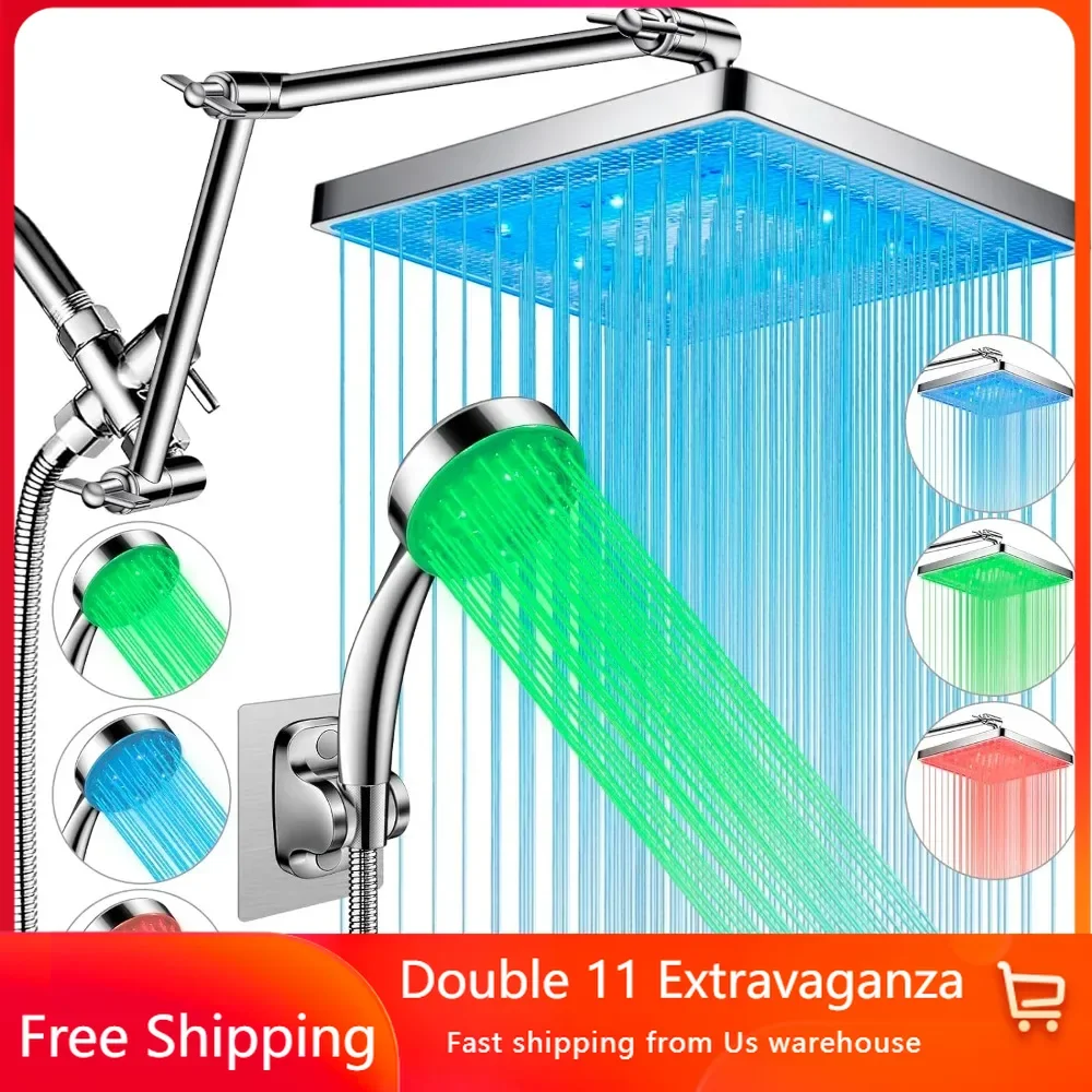 8'' Large LED Rainfall Shower Head with 16'' Adjustable Upgraded Extension Arm, High Pressure Handheld Spray, Easy Installation