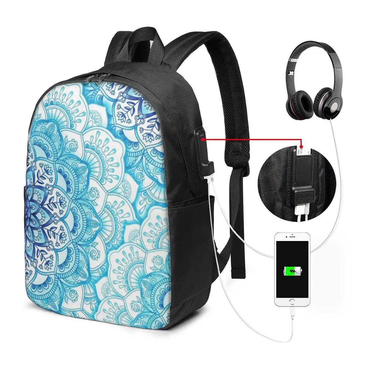 Water Blue Bohemian Print Backpack Travel Notebook Bag Computer College Student School Bag Laptop Shoulder Bags for Men Women