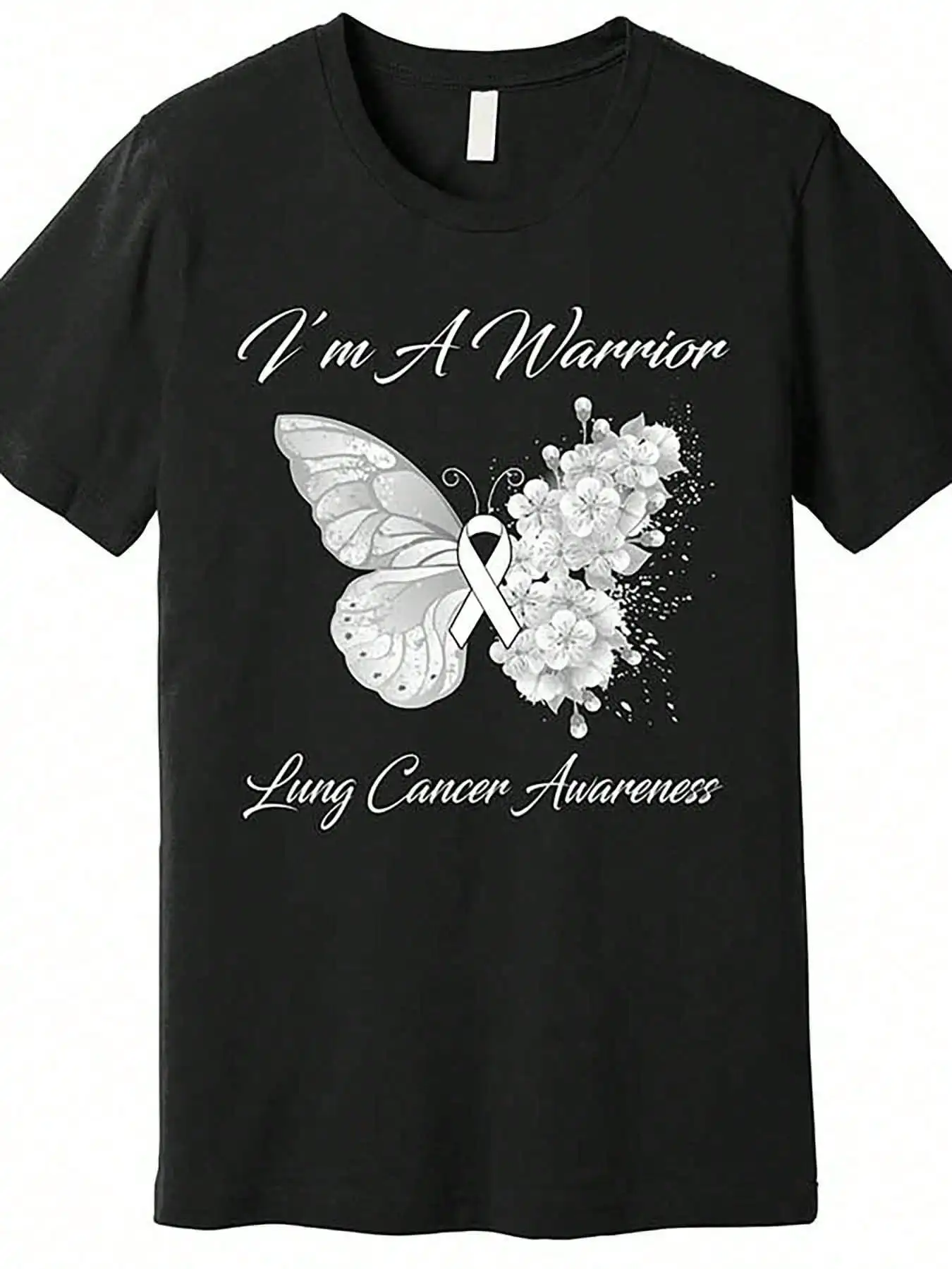 

Men’s "I’m A Warrior" Lung Cancer Awareness Graphic T-Shirt - Black Cotton Short Sleeve with Butterfly & Floral Design