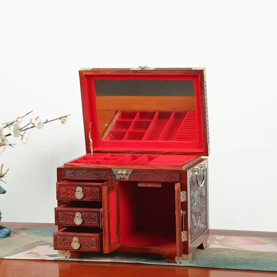 صندوق مجوهرات من القماش المخملي ذو المقاس الجيد من خشب الورد الأحمر من خشب الماهوجني لتخزين المجوهرات من خشب الصندل هدية حرفية منزلية مع قفل #5