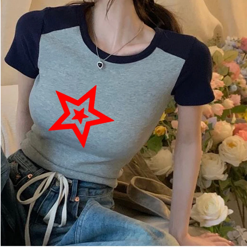 Summer Star Tee Grunge Crop Tops Sexy Baby Tee Printed White T-Shirt Female Hot Girl Round Neck Short Sleeves