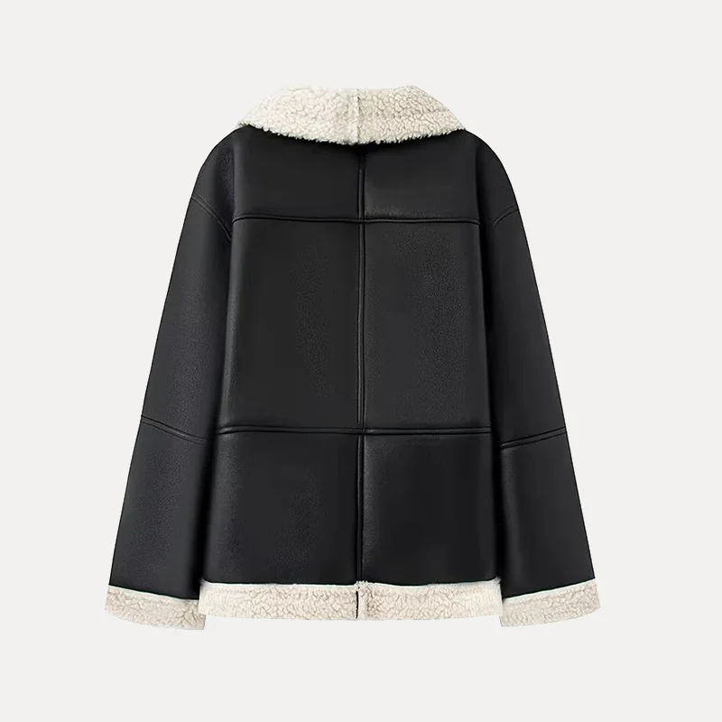 

Spring 2025 Women's Faionable Camere Leather Jaet Collar Cosite Coat Long Sve Street Sle Loose Fit Polyester