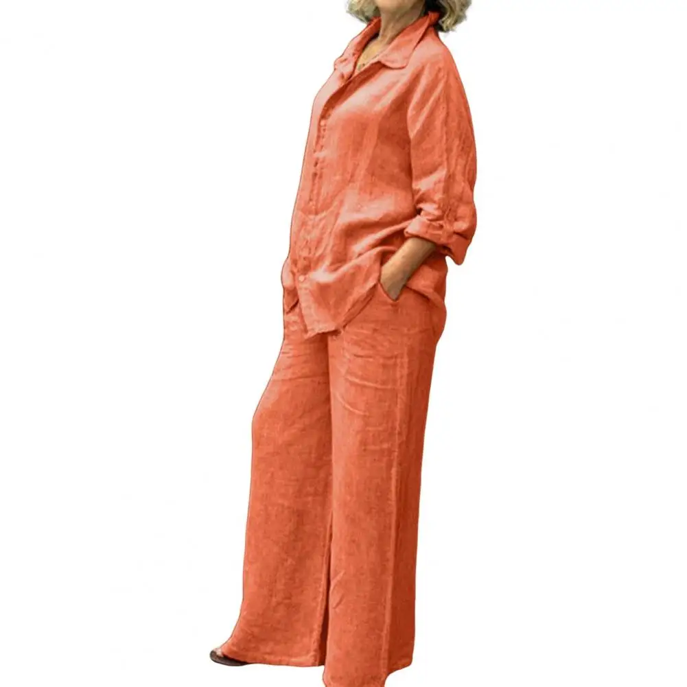 طقم قميص وبناطيل كتان بأكمام طويلة للنساء ، بلوزة كاجوال ، مستقيم ، أحادي اللون ، فضفاض ، أزرار ، عتيق ، خريف ، 2