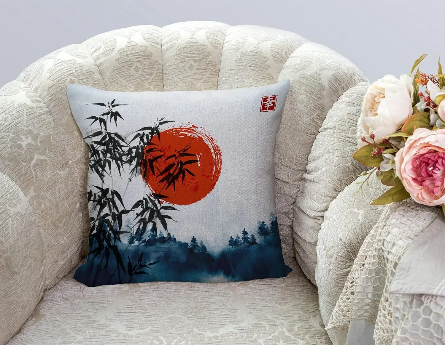 Throw Pillow Cover Japanese Bamboo Pillow case Asian Ink Painting Black Tree Stems Red Sun Mountains Decorative