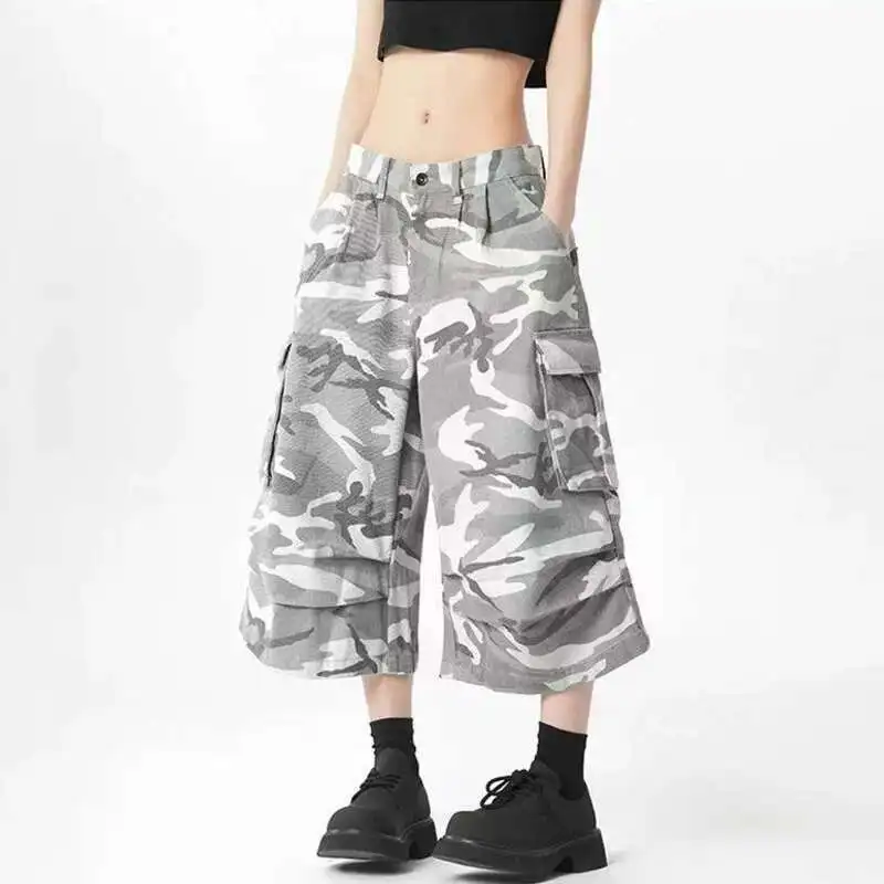 Camouflage Male American Camouflage Shorts Men Pleated Wide Leg Loose Three-dimensional Pocket Streetwear Fashion D6XY