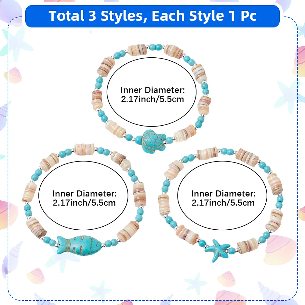 1 Box 3PCS Turquoise Bead Bracelet Shell Starfish Tortoise Fish Beads Stretch Stackable Boho Ocean Hawaii Beach Jewelry Anklets