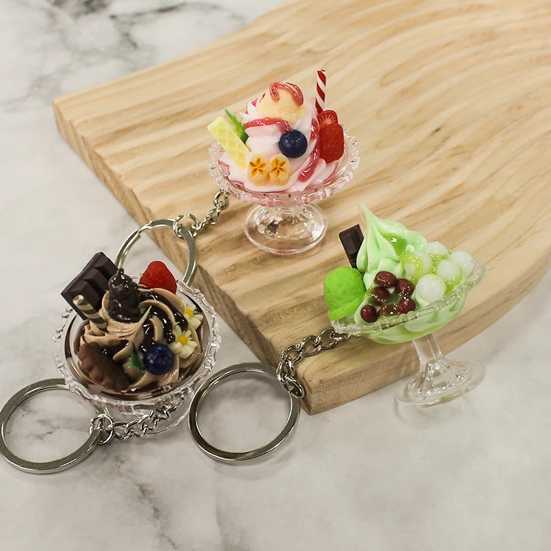 Simulation Ice Cream Keychain Creative Food Key Chains For Women Cute Imitation Dessert Cup Bag Pendants Key Ring Gift