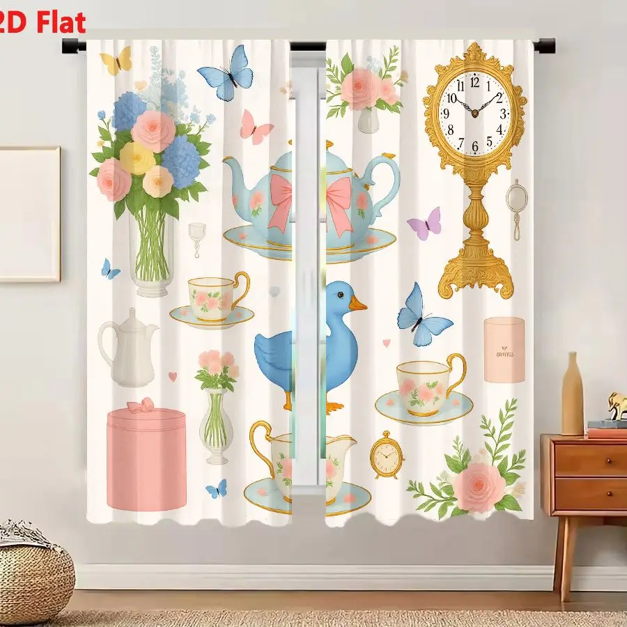 2Pcs Curtains 2D Flat Pastel Whimsical Cute Delicate Illustrations Floral Tea Animals Clock Decorative Arrangements Window Drape